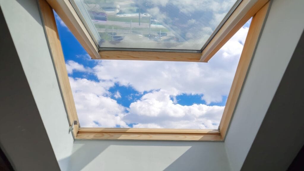 Looking on clouds flying past at the blue sky through open attic window in house roof. www.elements-envato.com