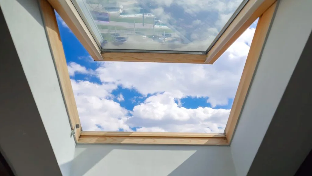 Looking on clouds flying past at the blue sky through open attic window in house roof. www.elements-envato.com