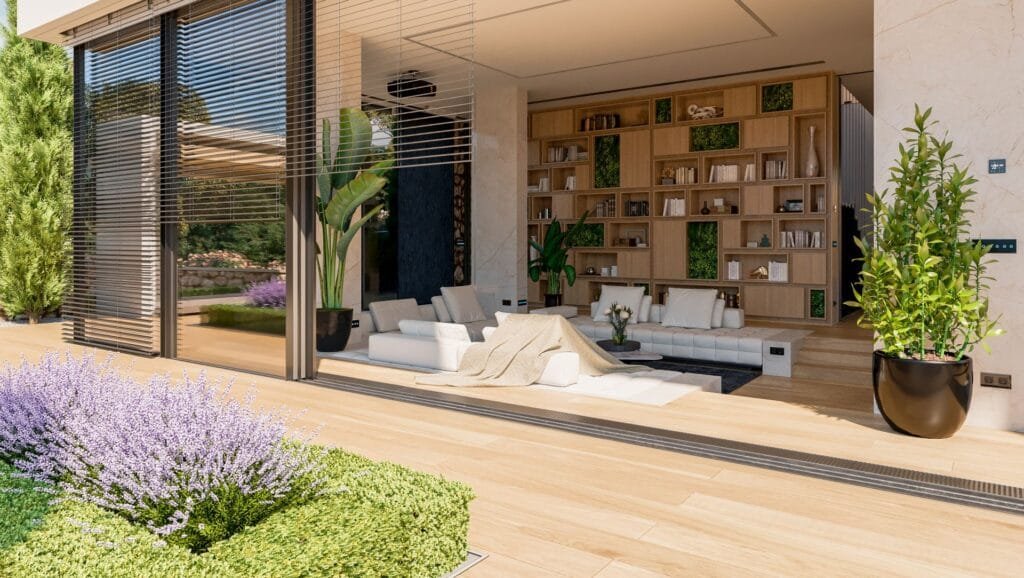 Mediterrane Villa mit fließendem Übergang vom Wohnzimmer in den Außenbereich