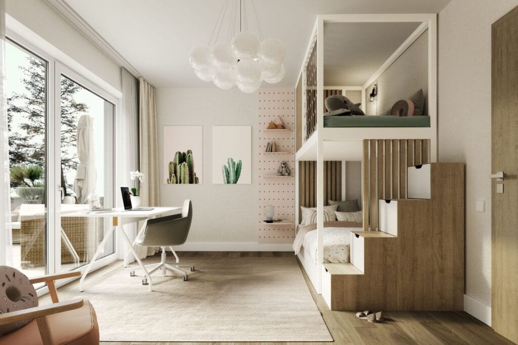Ein modern gestaltetes Kinderzimmer mit Hochbett 
