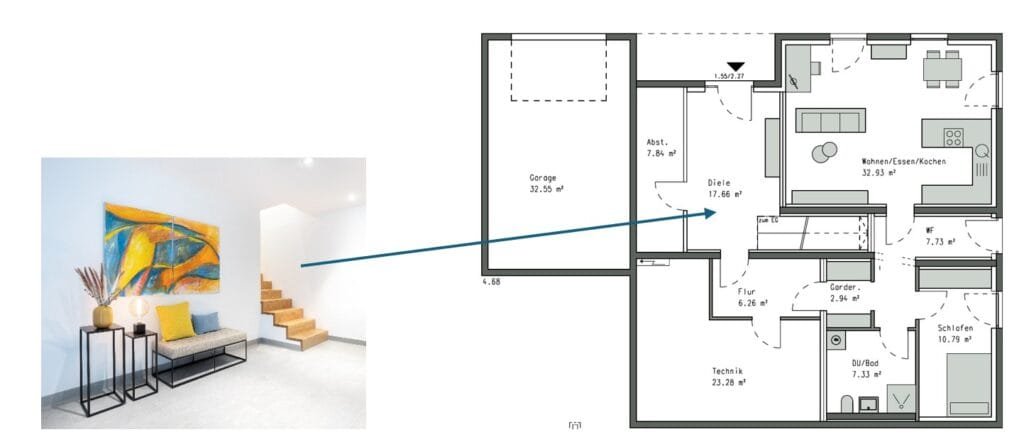 Erdgeschoss Grundriss Schwörer Haus von Familie Nowak und Bild von der Diele