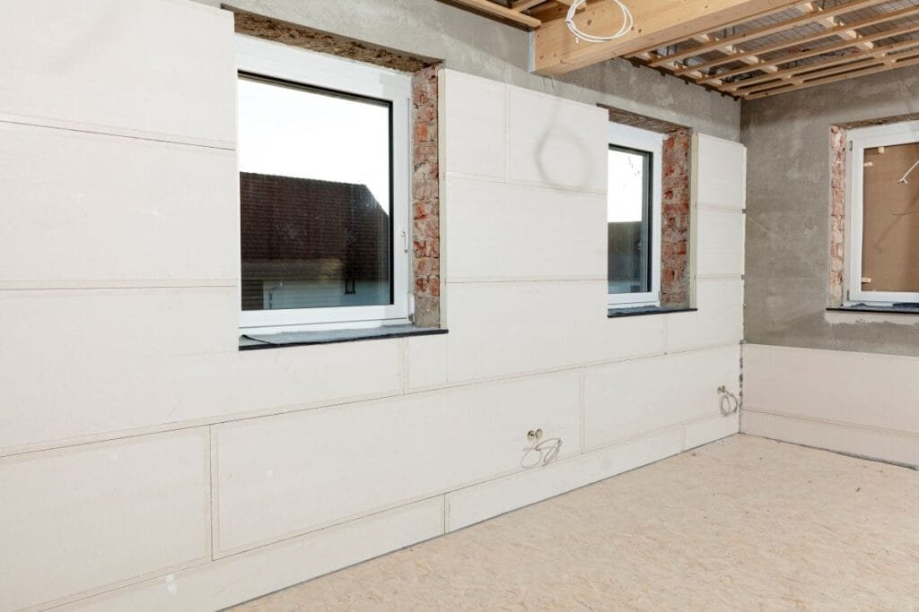 Verspachtelte Hauswand mit Fenstern, die tapezierfertig ist