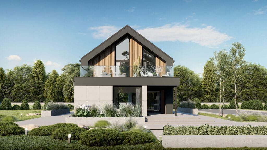 Ein Rendering der Außenansicht des Entwurfs Next Wood 201 ST von Dannwood