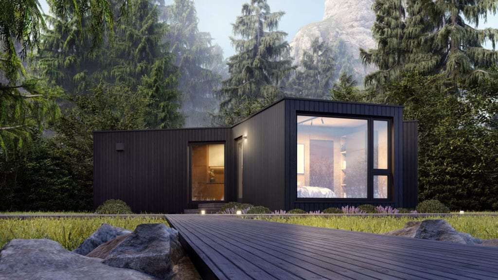 Ein Rendering der Außenansicht des  Musterhauses Danwood Holiday in Poing bei München.