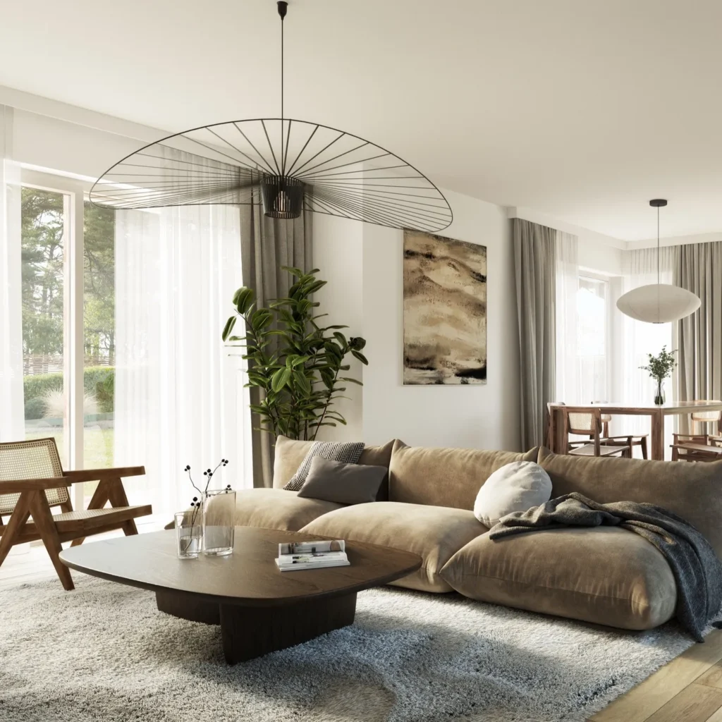 Ein stylischer Wohnbereich mit gemütlichem Sofa.