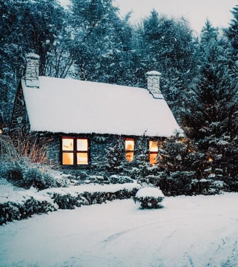 Ein hell erleuchtetes Satteldach-Cottage steht in einem dämmrigen, verschneiten Garten.