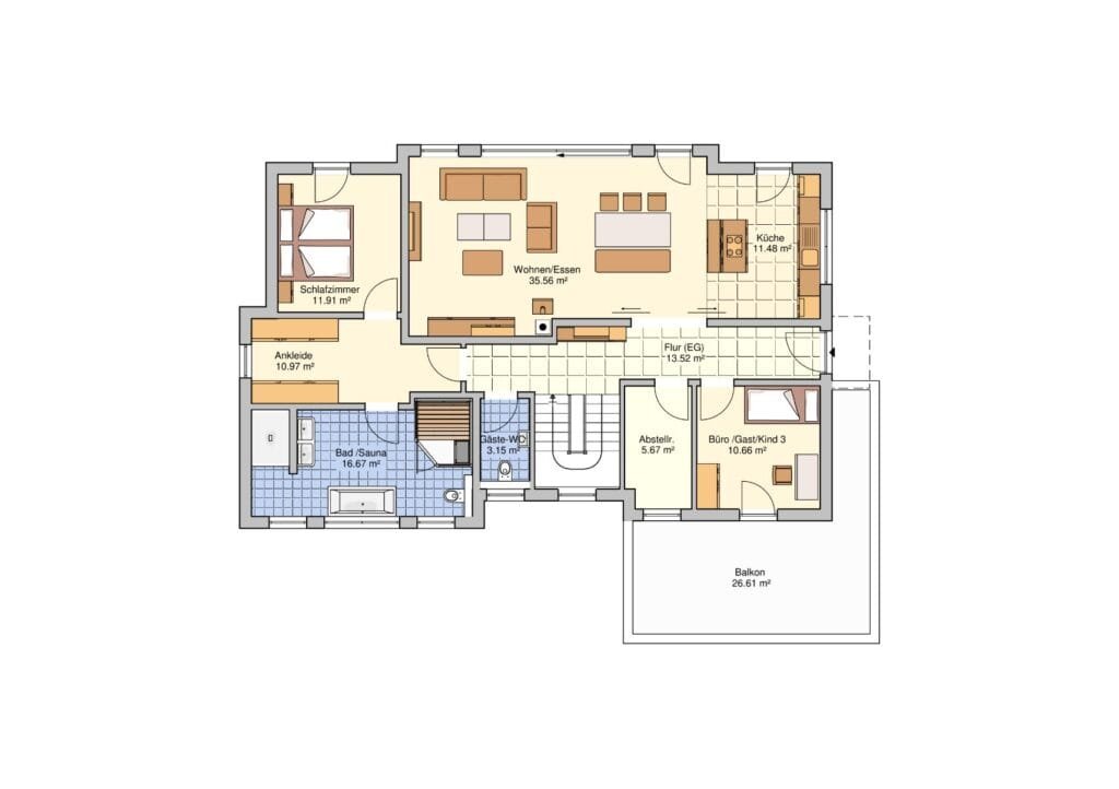 Grundriss eines Bungalow-Einfamilienhauses im Erdgeschoss mit Wohnbereich