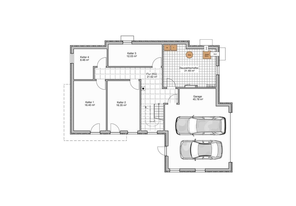Grundriss eines Bungalow-Einfamilienhauses im Untergeschoss mit Garage, Keller- und Technikräumen