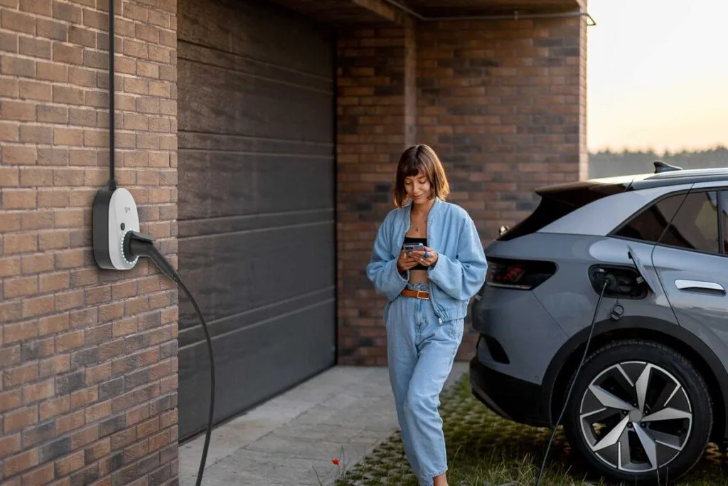 Wallbox Go-e Charger Frau mit Smartphone