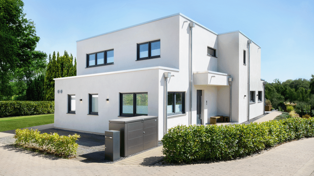 Frontansicht mit Eingang des im Bauhausstil errichteten Fingerhut Haus Malhela