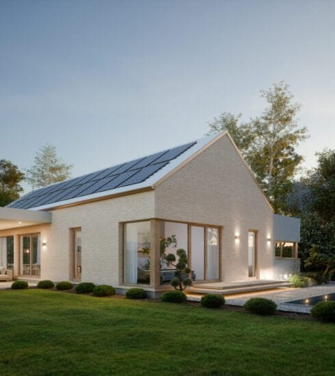 Concept Haus von Kampa. Sicht vom Garten aus in der Abenddämmerung, das Haus ist dezent beleuchtet.