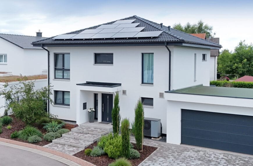 Elegante, moderne weiße Stadtvilla "Park 181W" von Danwood mit dunkelgrauem Dach, Solarpaneelen, großen Fenstern und stilvoller Landschaftsgestaltung, inklusive Garage und Auffahrt.