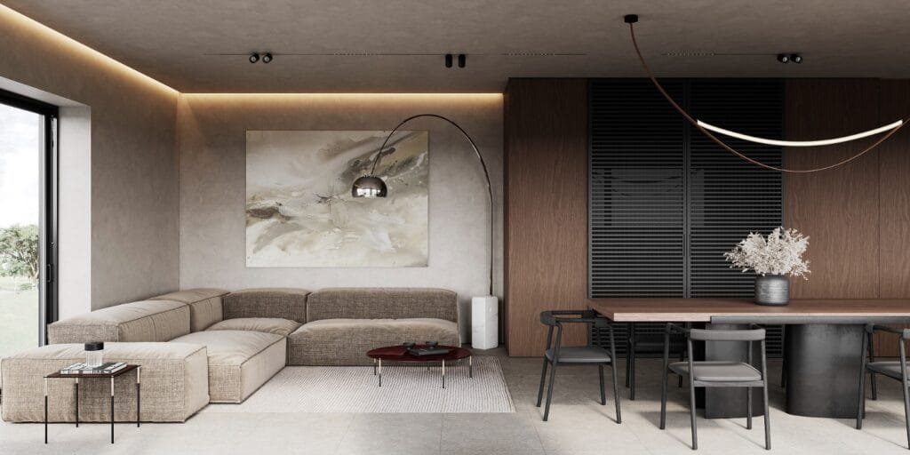 Ansicht eines Kampa Concept Haus von innen; Blick ins Wohnzimmer, das in braun und beige Tönen gehalten ist.