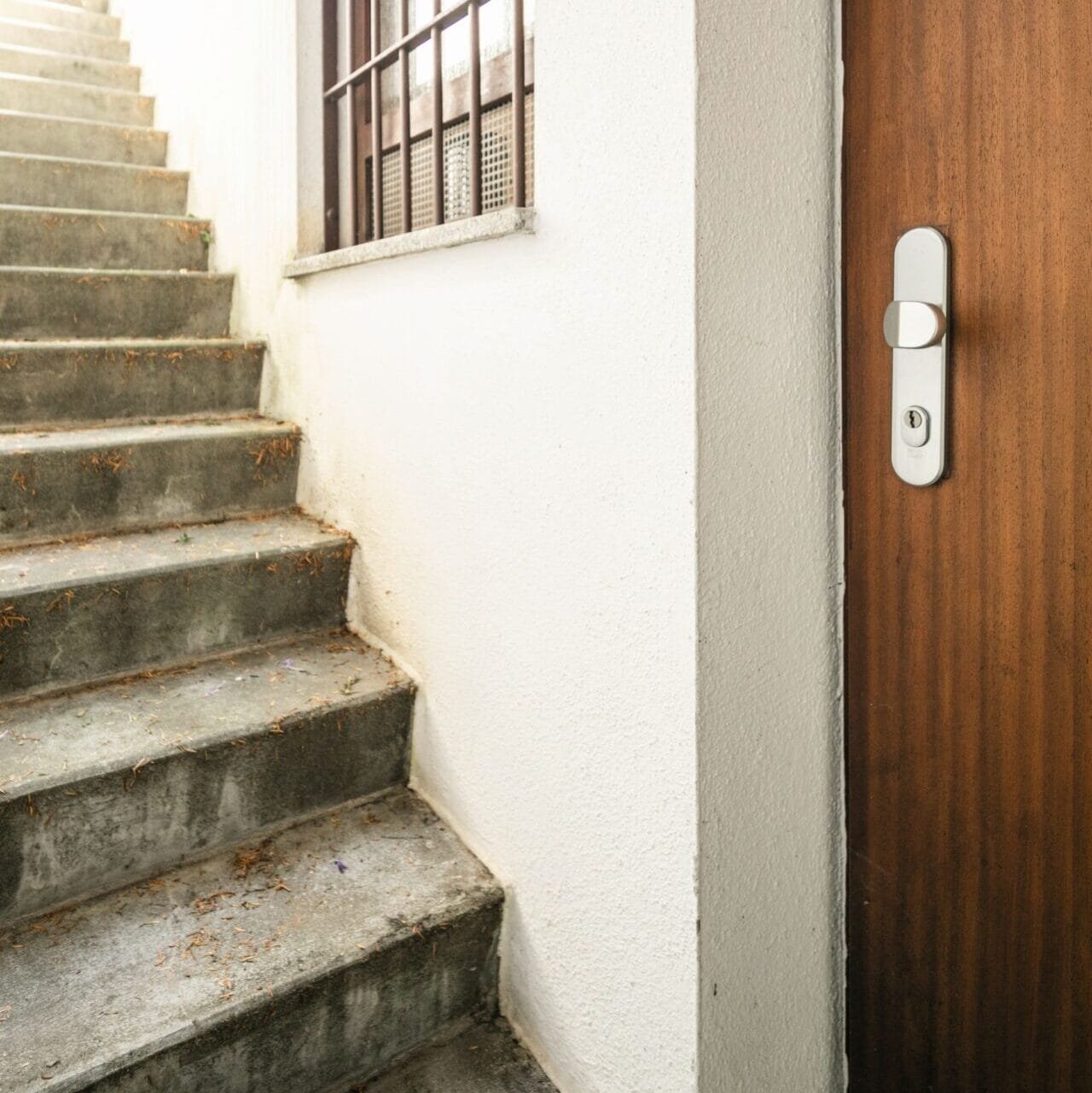 Kellertreppe im Außenbereich, die hinunter zu Kellertür führt