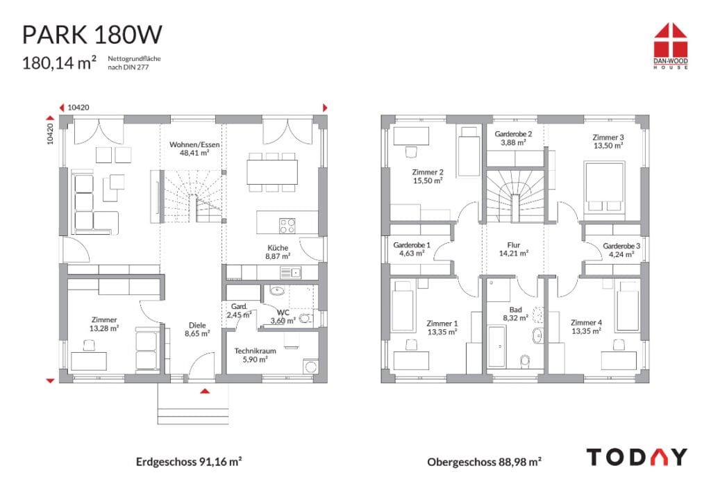 Grundriss des Hauses "PARK 180W" (180,14 m²). Das Erdgeschoss zeigt Wohnen/Essen, Küche, Diele und ein Zimmer. Das Obergeschoss hat vier Schlafzimmer (15,50-13,25 m²), ein Bad und drei Ankleiden.