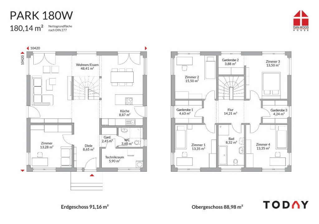Grundriss des Hauses "PARK 180W" (180,14 m²). Das Erdgeschoss zeigt Wohnen/Essen, Küche, Diele und ein Zimmer. Das Obergeschoss hat vier Schlafzimmer (15,50-13,25 m²), ein Bad und drei Ankleiden.