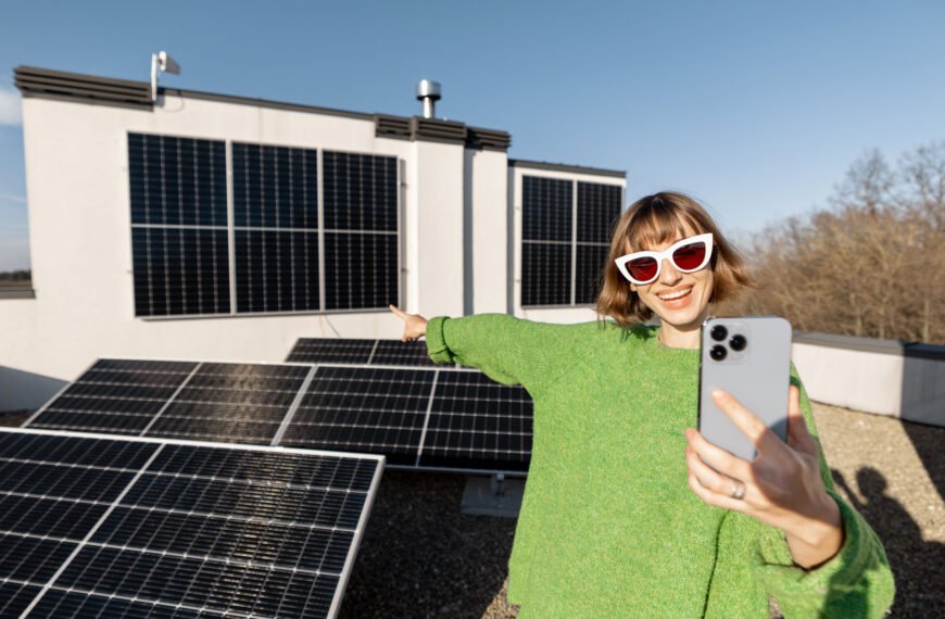 Frau Steht auf Dach und macht ein Selfie mit PV-Anlage im Hintergrund