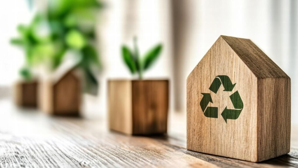 Symbolbild: kleines Haus aus Holz in Bauklotzform mit grünem Recyclingsymbol