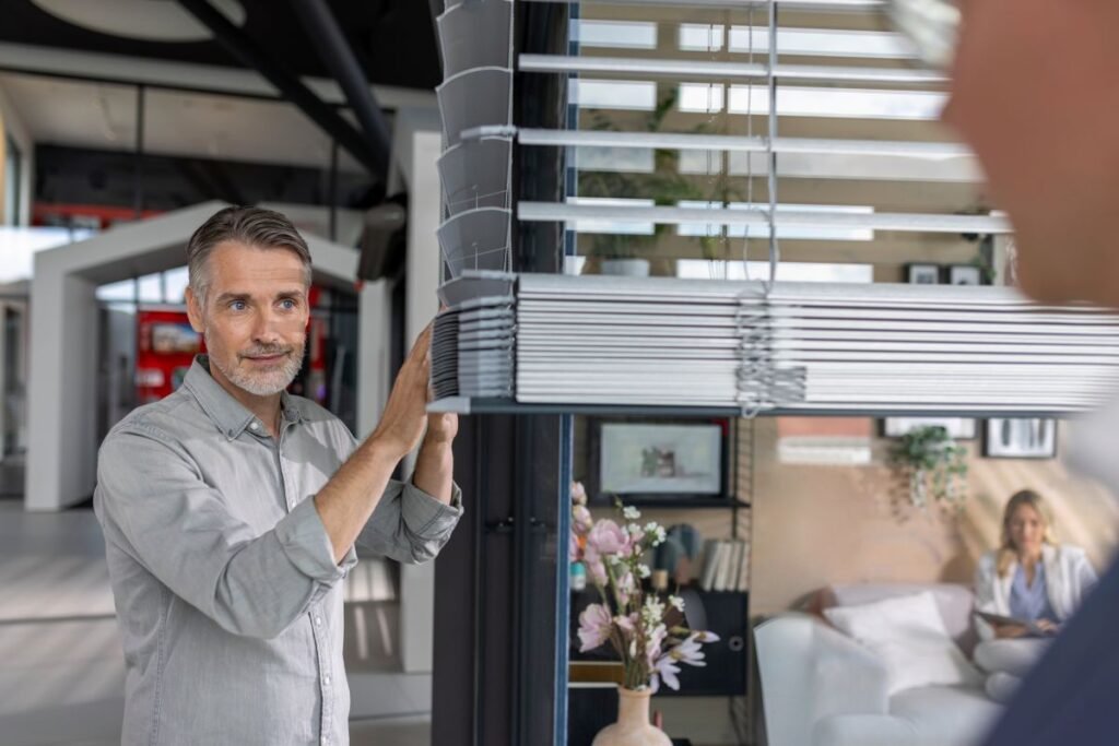 Mann neben Fenster mit halb heruntergelassener Jalousie