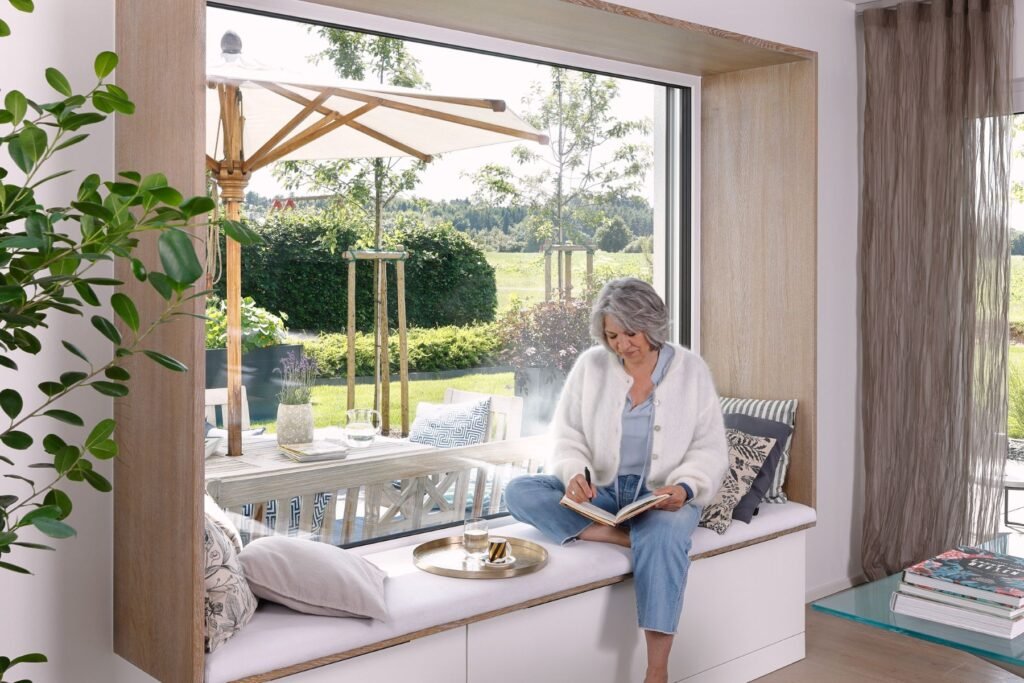 Schwörer Kundenhaus Jakoby Bauherrin entspannt im Sitzfenster mit Blick auf den Garten