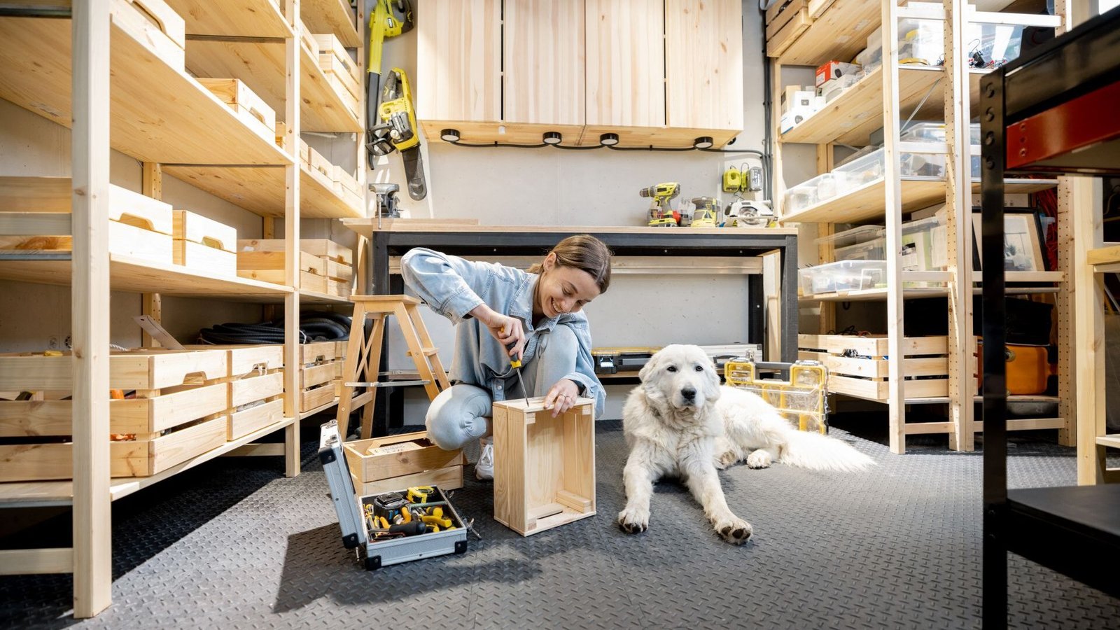 Junge Frau und Hund im Hobbyraum, die Frau bastelt oder repariert eine Holzkiste