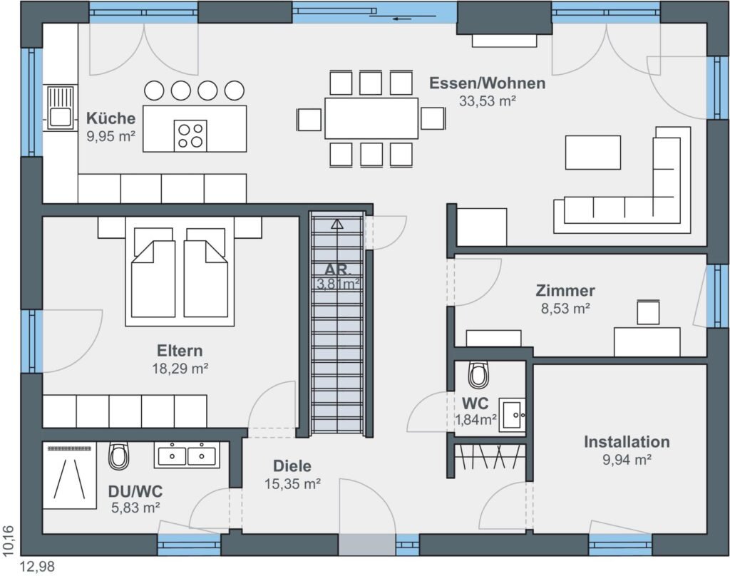 Weberhaus Graling Grundriss des Erdgeschosses eines Einfamilienhauses