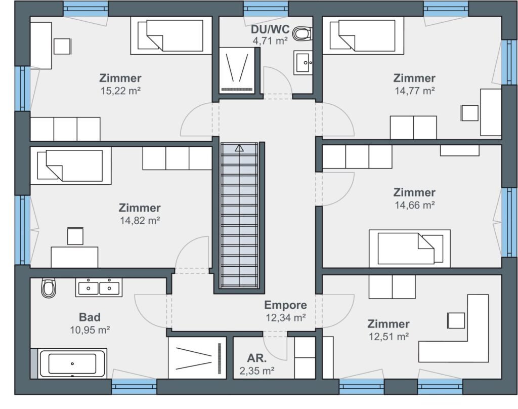 Weberhaus Graling Grundriss des Obergeschosses eines Einfamilienhauses